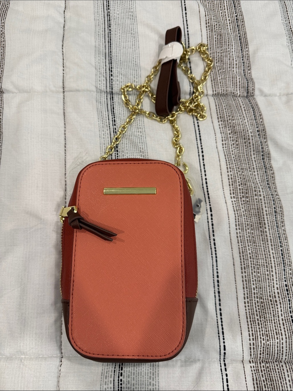 Women's Crossbody Phone Bag in Coral with Gold Chain